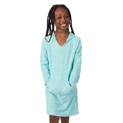 Seashell Splash Aqua;@A girl wearing Hooded Terry Cover Up Dress in Seashell Splash Aqua
