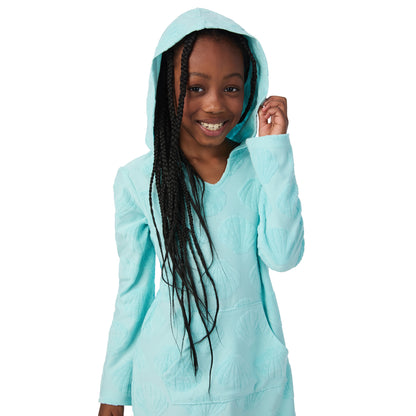 Seashell Splash Aqua;@A girl wearing Hooded Terry Cover Up Dress in Seashell Splash Aqua
