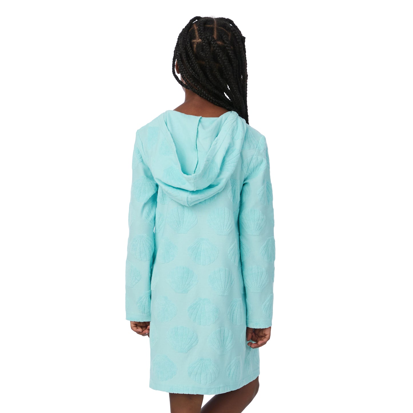 Seashell Splash Aqua;@A girl wearing Hooded Terry Cover Up Dress in Seashell Splash Aqua
