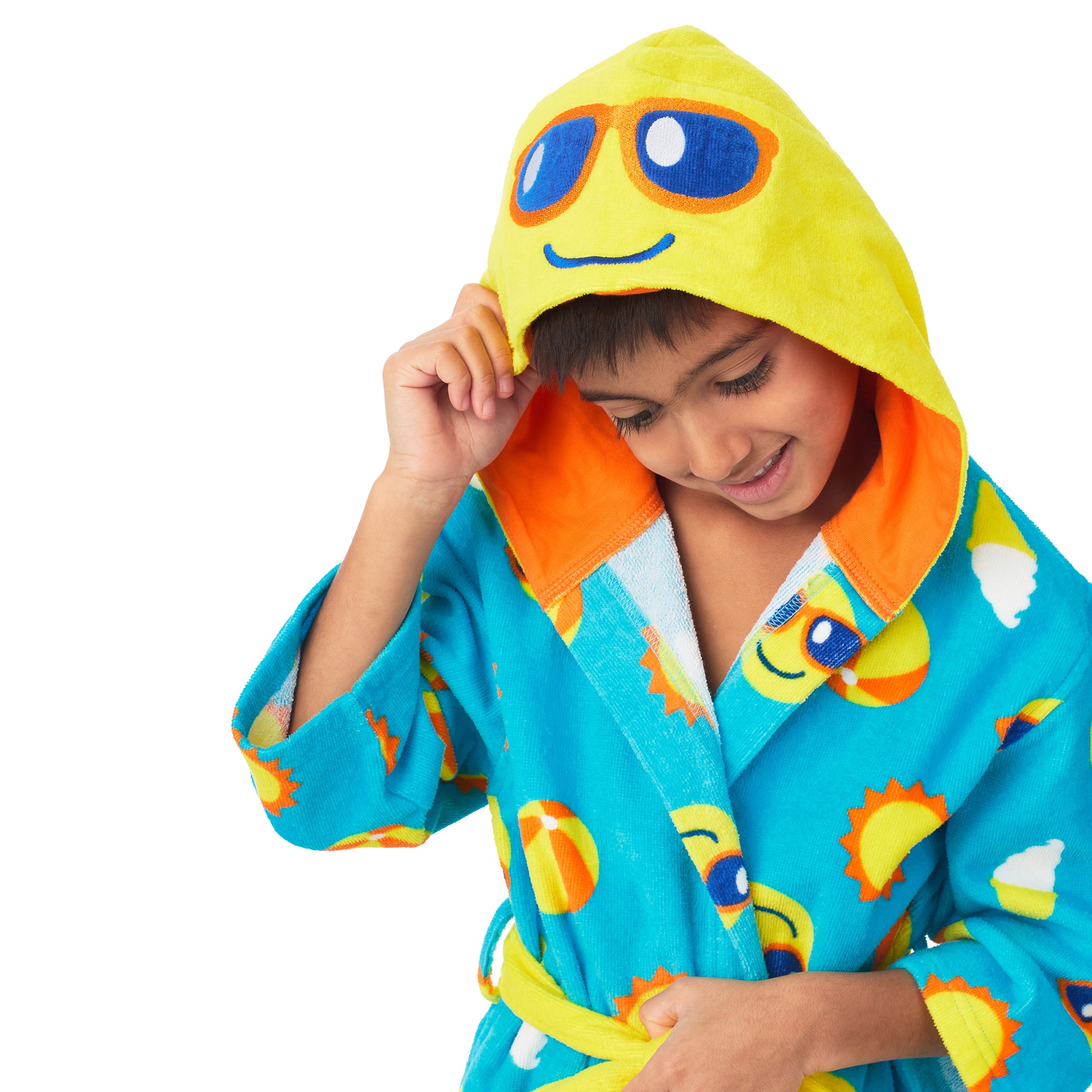 Smiley;@A boy wearing Boys 3D Character Hood Cotton Terry Cover Up