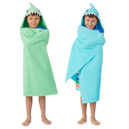 Fin-tastic Aqua & Seaweed Green;@A boy wearing 2 Pack Hooded Shark Towels in Fin-tastic Aqua & Seaweed Green
