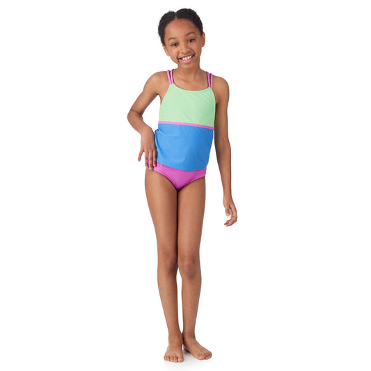 Lavender Lime;@A girl wearing 4 Piece Swim Set with Rashguard in Lavender Lime
