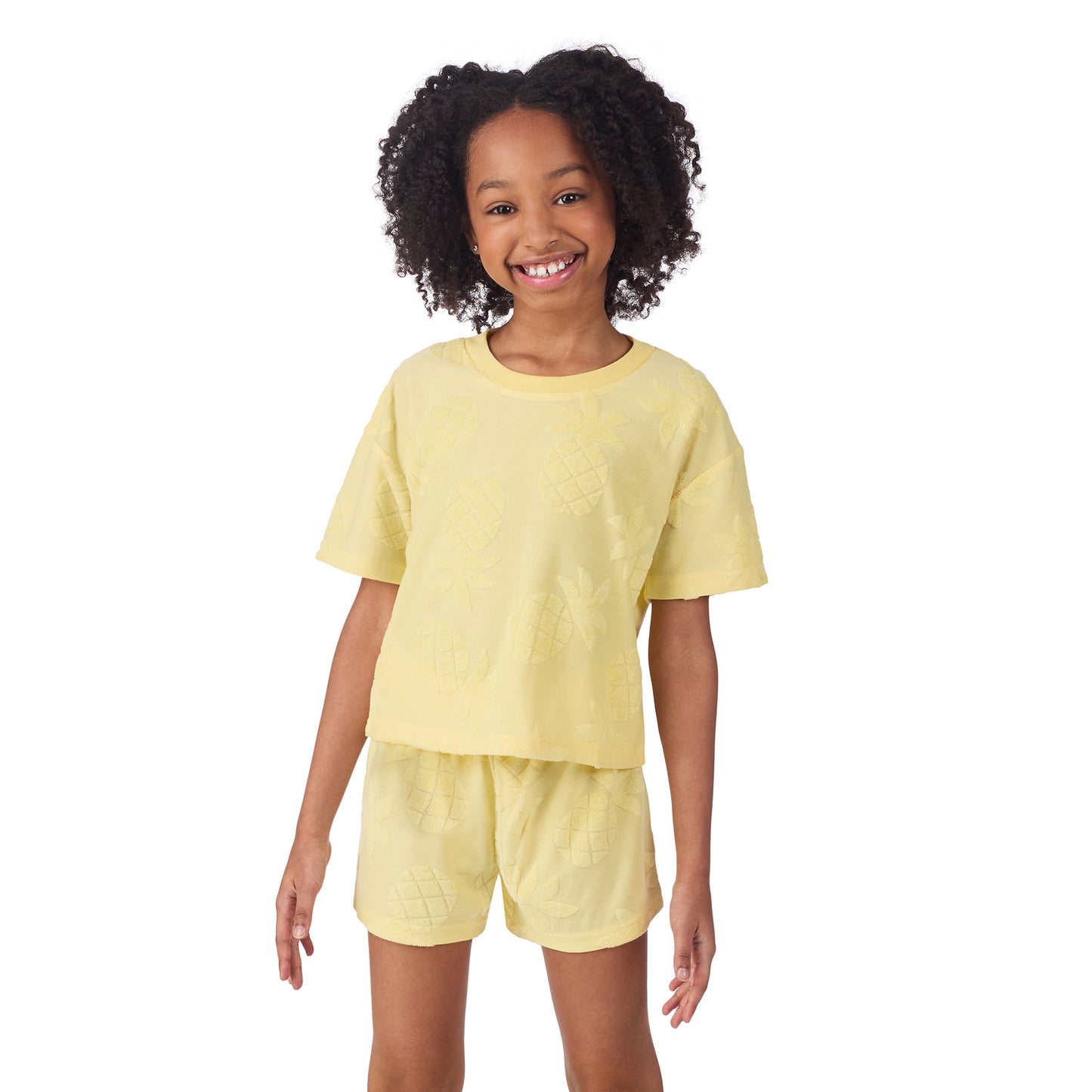 Mellow Yellow Pineapple;@A girl wearing Girls' Terry Short Set in Mellow Yellow Pineapple
