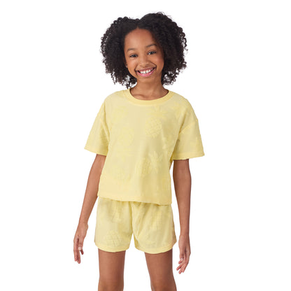 Mellow Yellow Pineapple;@A girl wearing Girls' Terry Short Set in Mellow Yellow Pineapple
