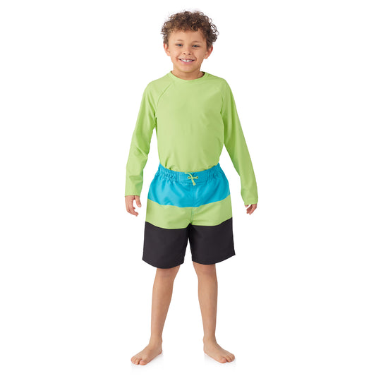 A boy wearing Long Sleeve Rashguard Set in Neon Surfer Stripe
