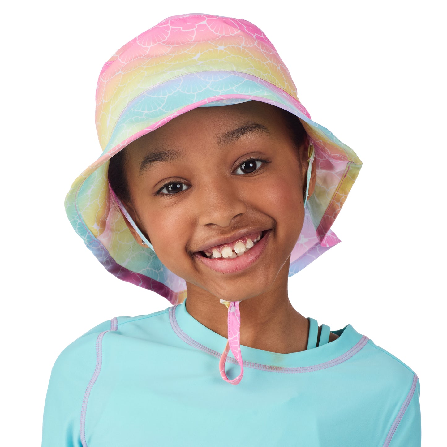 Rainbow Seashells;@A girl wearing UPF 50 Sun Hat in Rainbow Seashells
