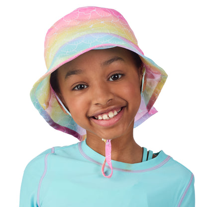 Rainbow Seashells;@A girl wearing UPF 50 Sun Hat in Rainbow Seashells
