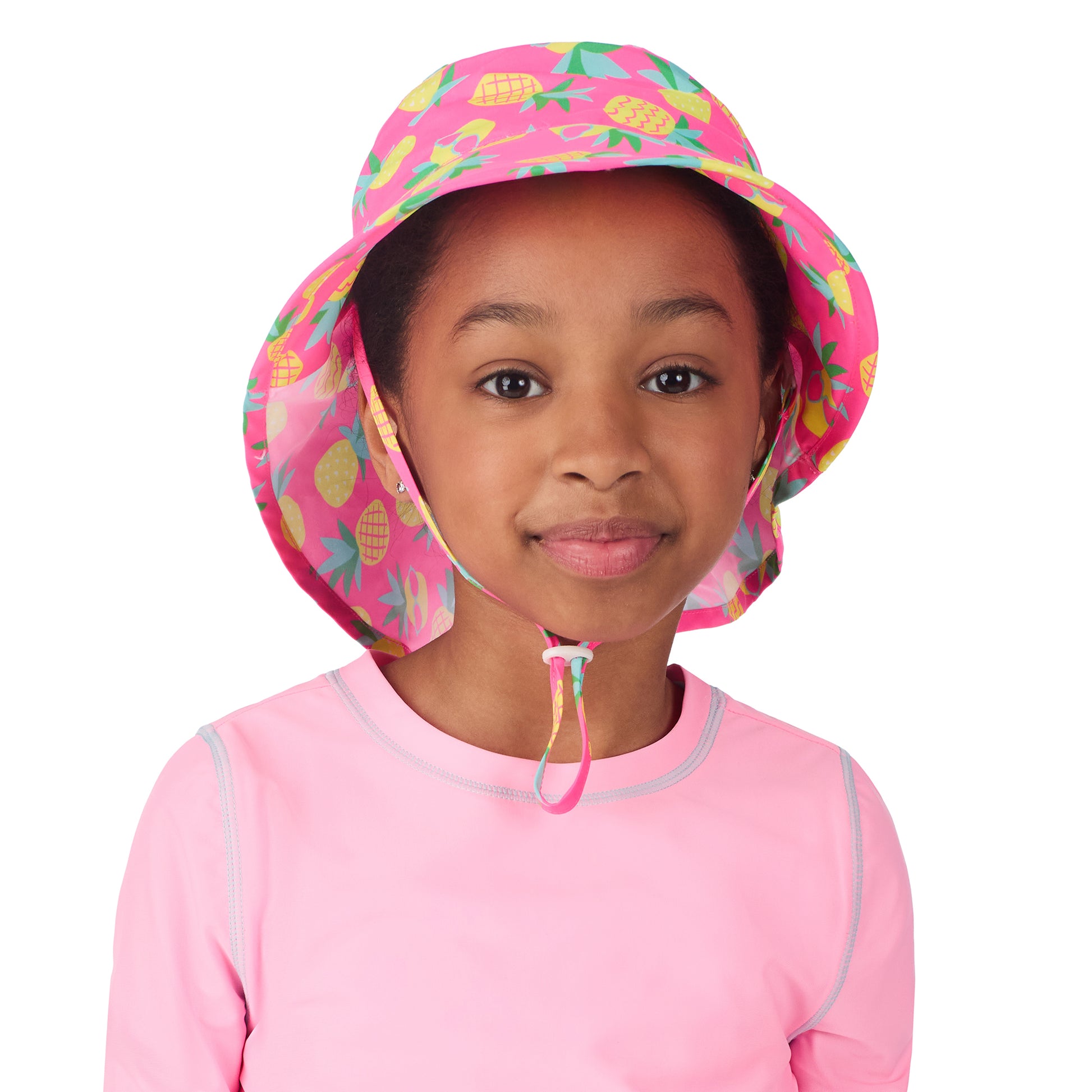 Pineapple Popstars Aqua;@A girl wearing UPF 50 Sun Hat in Pineapple Popstars Aqua
