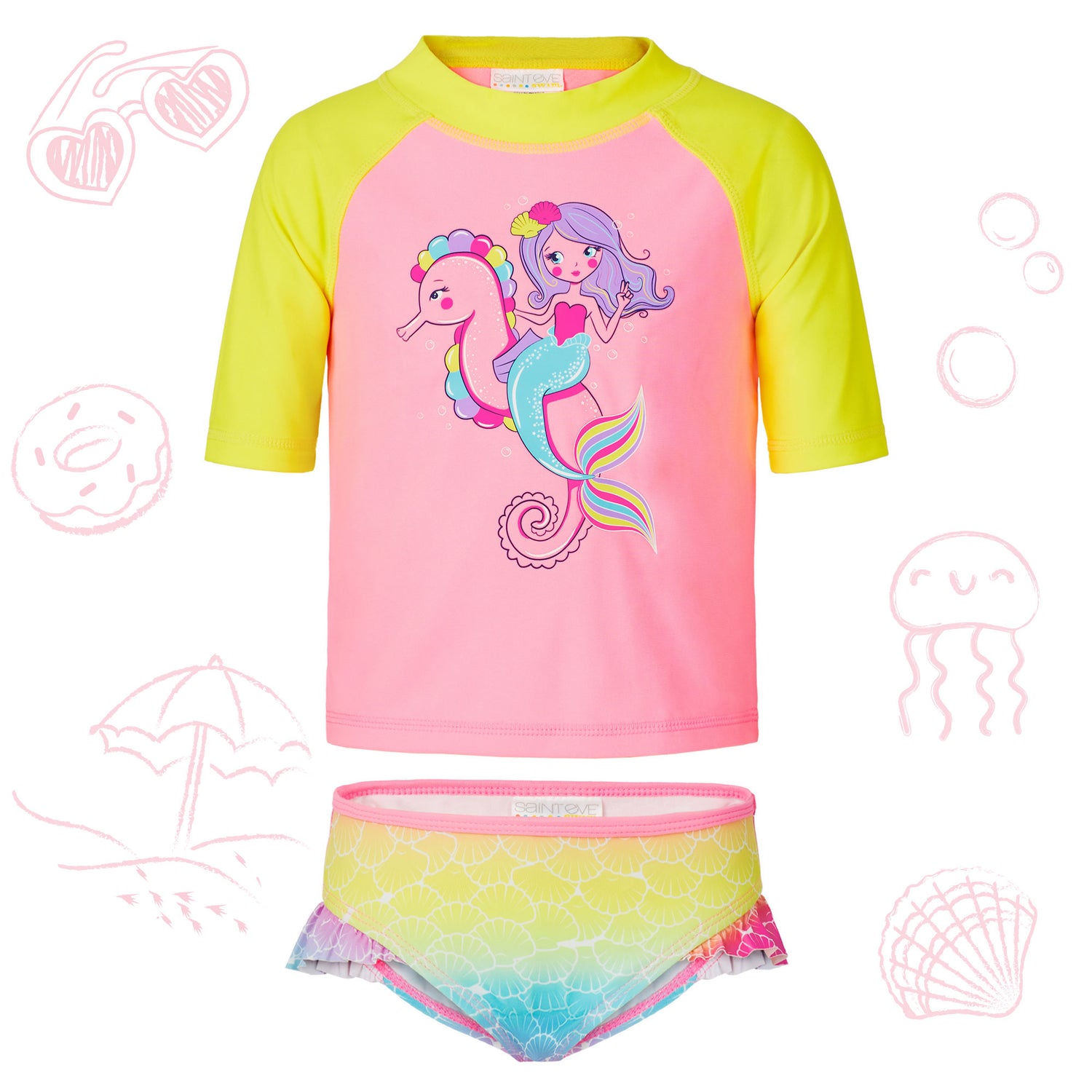 Pastel Pink Sea Pals;@ A Short Sleeve Rashguard Set