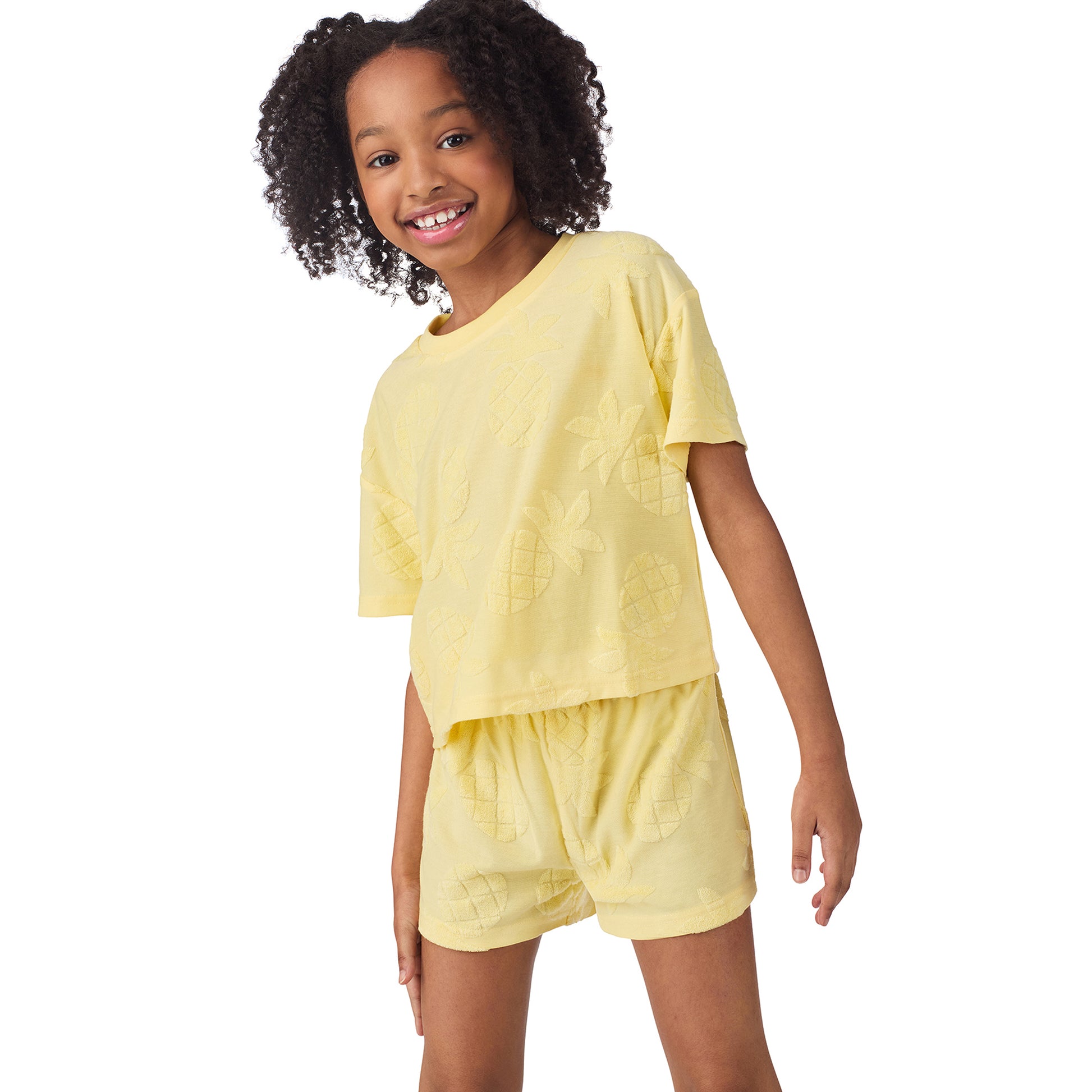 Mellow Yellow Pineapple;@A girl wearing Girls' Terry Short Set in Mellow Yellow Pineapple
