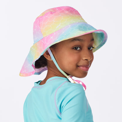 Rainbow Seashells;@A girl wearing UPF 50 Sun Hat in Rainbow Seashells

