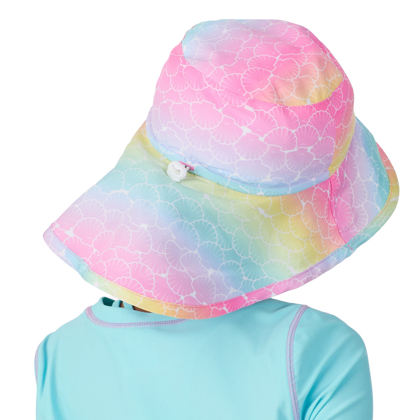 Rainbow Seashells;@A girl wearing UPF 50 Sun Hat in Rainbow Seashells
