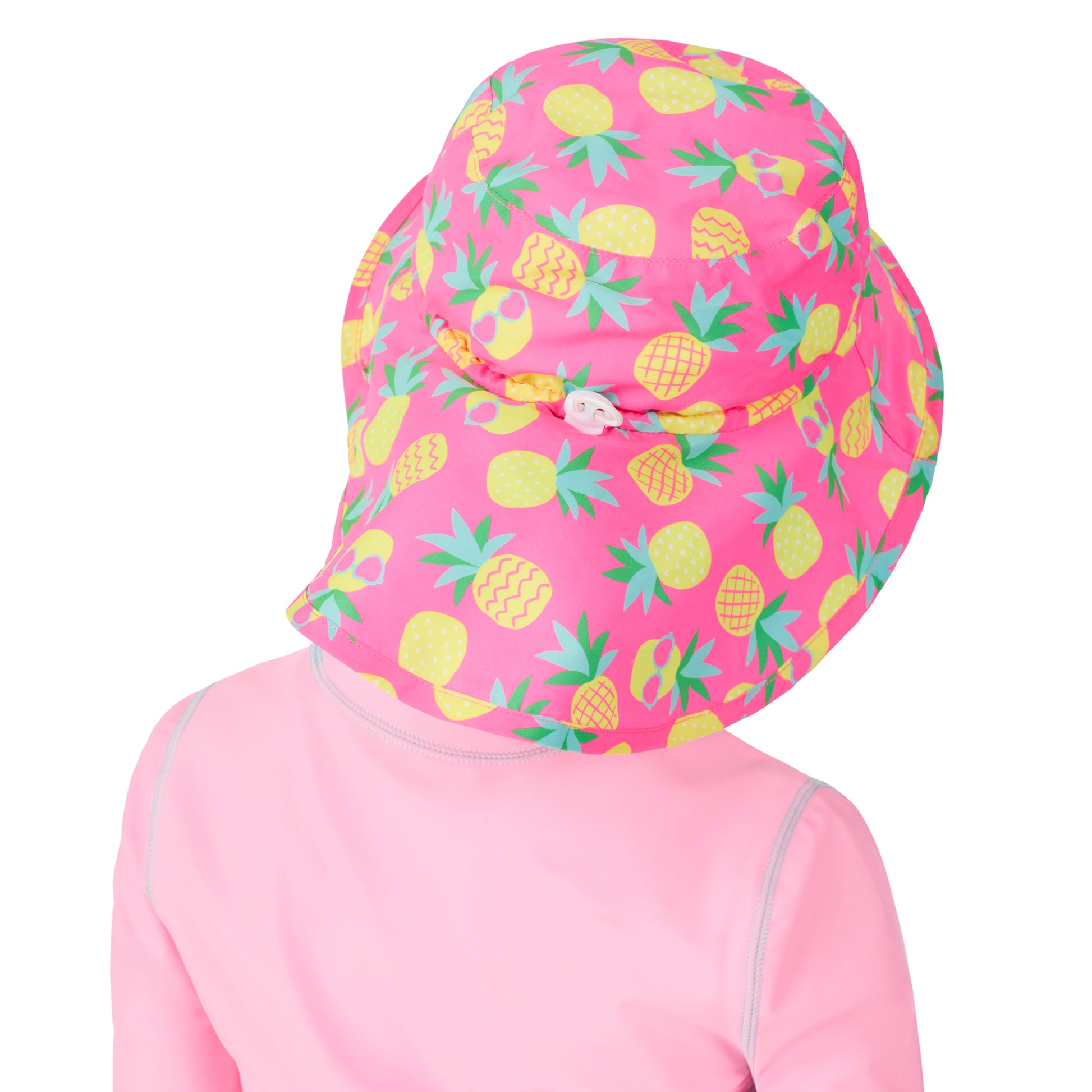 Pineapple Popstars Aqua;@A girl wearing UPF 50 Sun Hat in Pineapple Popstars Aqua

