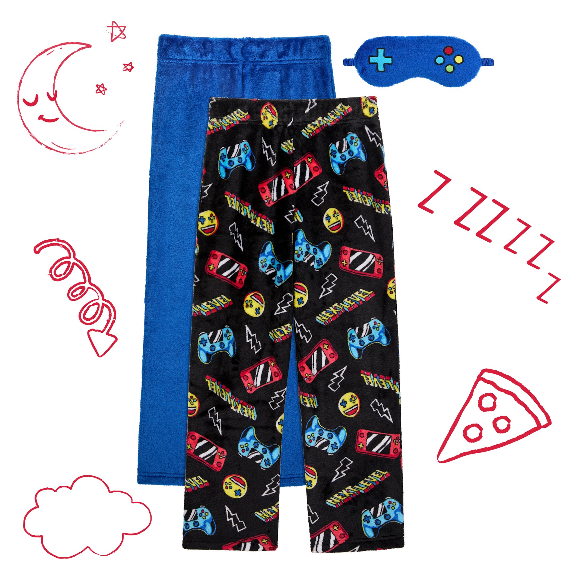 Power-up Blue;@Boys 2 Pack Fuzzy PJ Pants with Eye Mask