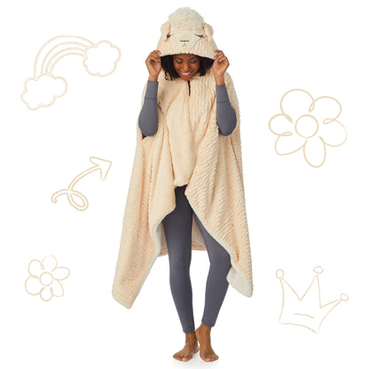 Llama;@A lady wearing Llama Wearable Hooded Blanket