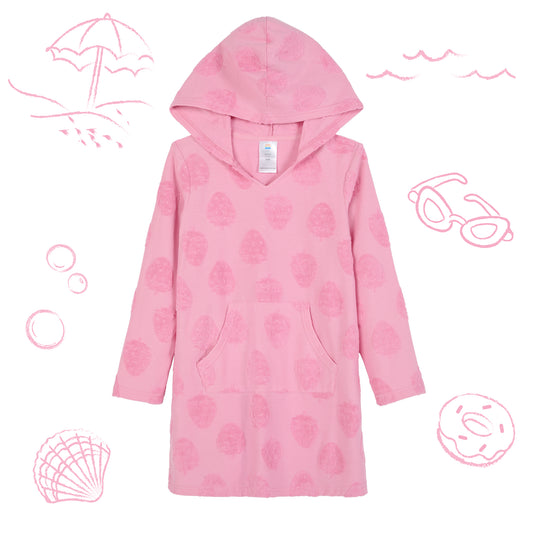 Strawberry Fields Pink;@A Hooded Terry Cover Up Dress in Strawberry Fields Pink
