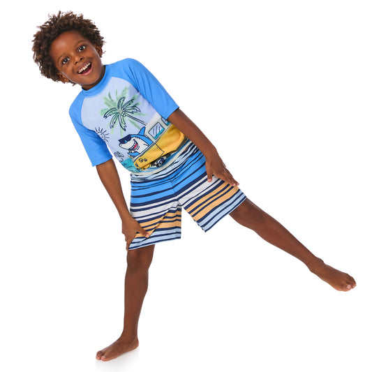 Sharkside Cruiser Blue;@ A Boy wearing Short Sleeve Rashguard Set