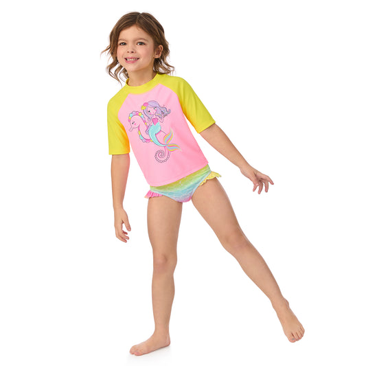 Pastel Pink Sea Pals;@ A girl wearing Short Sleeve Rashguard Set