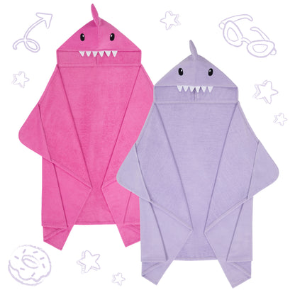 Sharkberry Pink & Lavender Bite;@A 2 Pack Hooded Shark Towels in Sharkberry Pink & Lavender Bite
