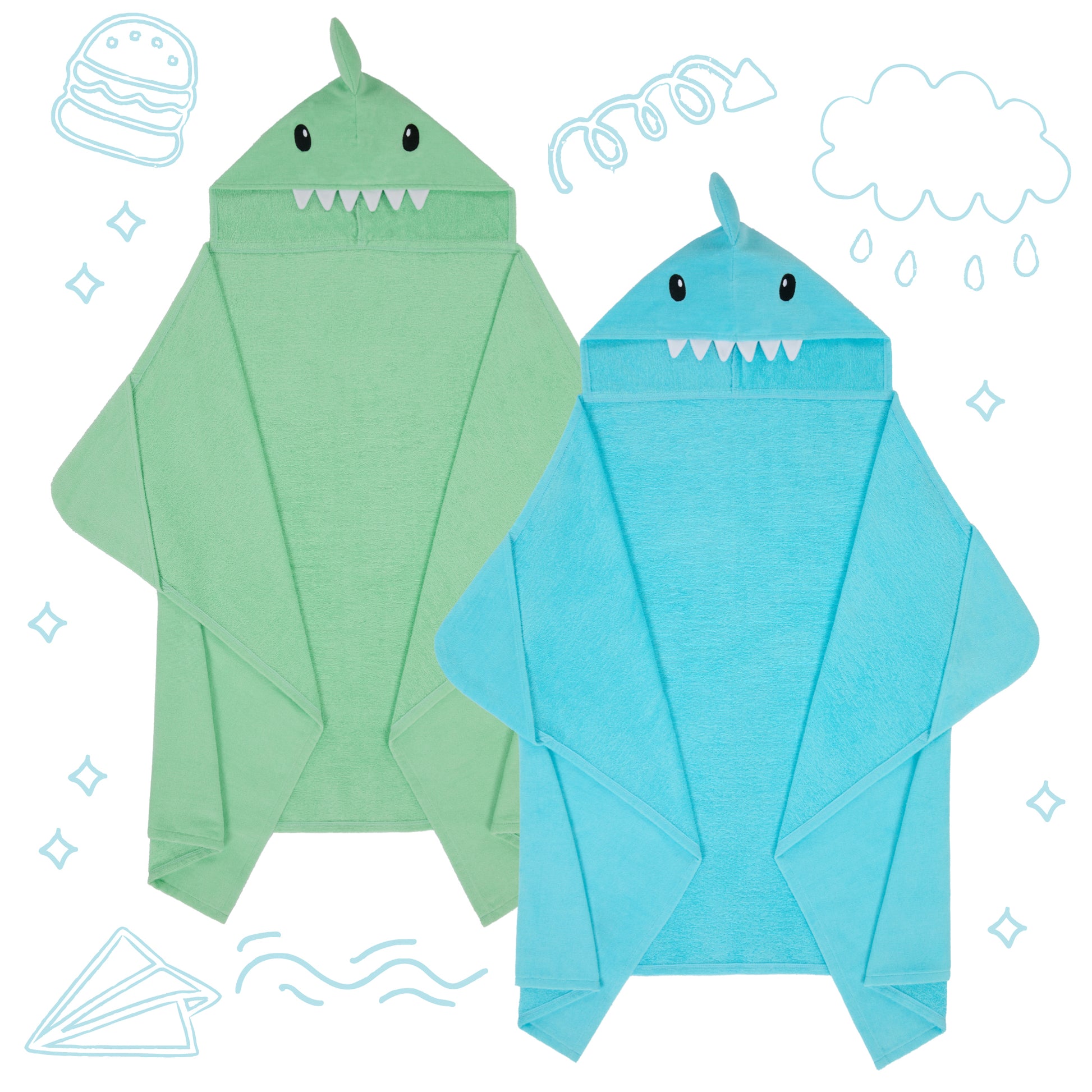 Fin-tastic Aqua & Seaweed Green;@A 2 Pack Hooded Shark Towels in Fin-tastic Aqua & Seaweed Green
