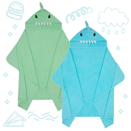 Fin-tastic Aqua & Seaweed Green;@A 2 Pack Hooded Shark Towels in Fin-tastic Aqua & Seaweed Green
