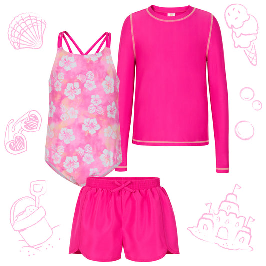 Pink Hibiscus Punch;@A 3 Piece Swim Set with Rashguard in Pink Hibiscus Punch
