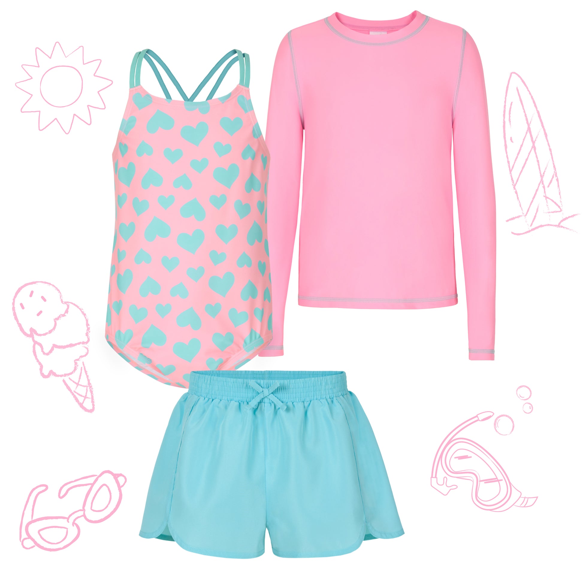 Pink Bubblegum Hearts;@A 3 Piece Swim Set with Rashguard in Pink Bubblegum Hearts
