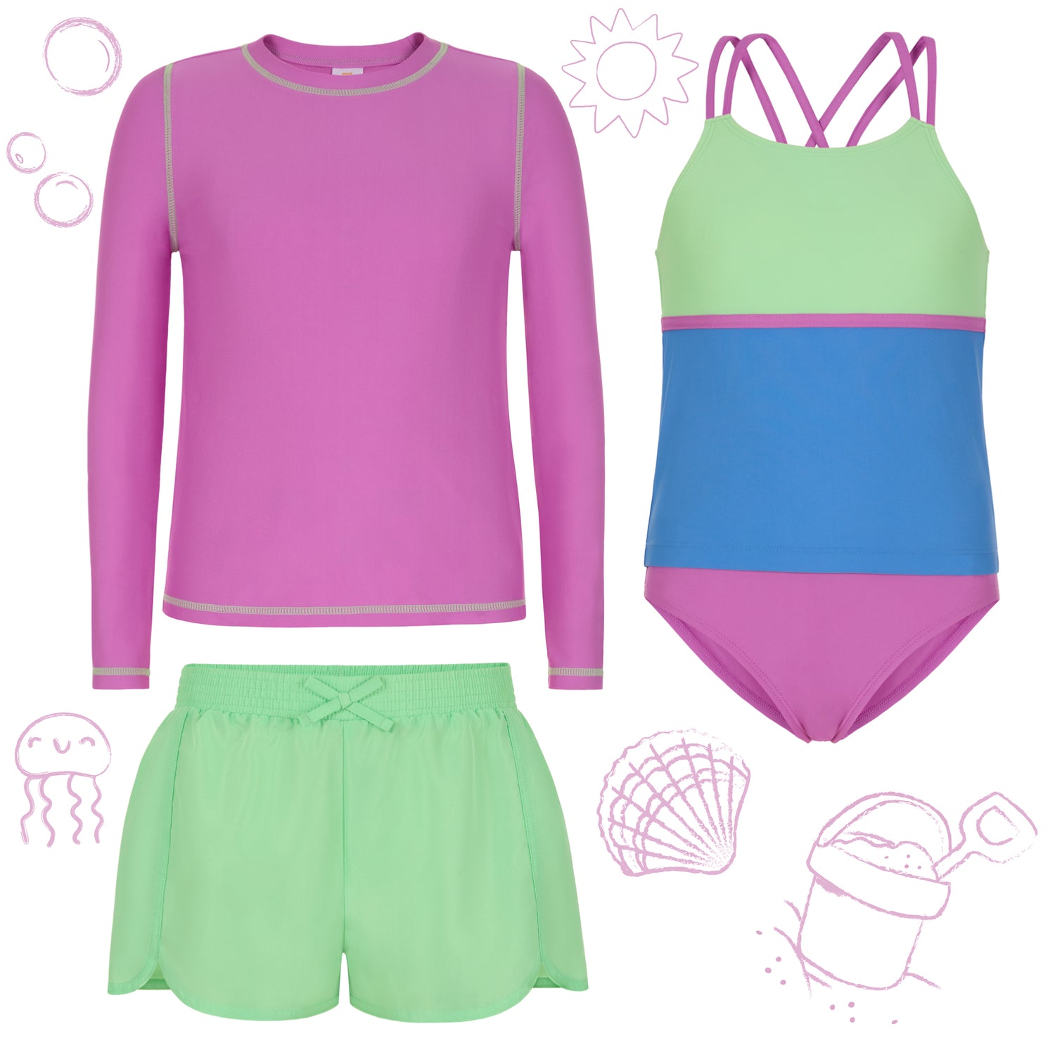 Lavender Lime;@A 4 Piece Swim Set with Rashguard in Lavender Lime
