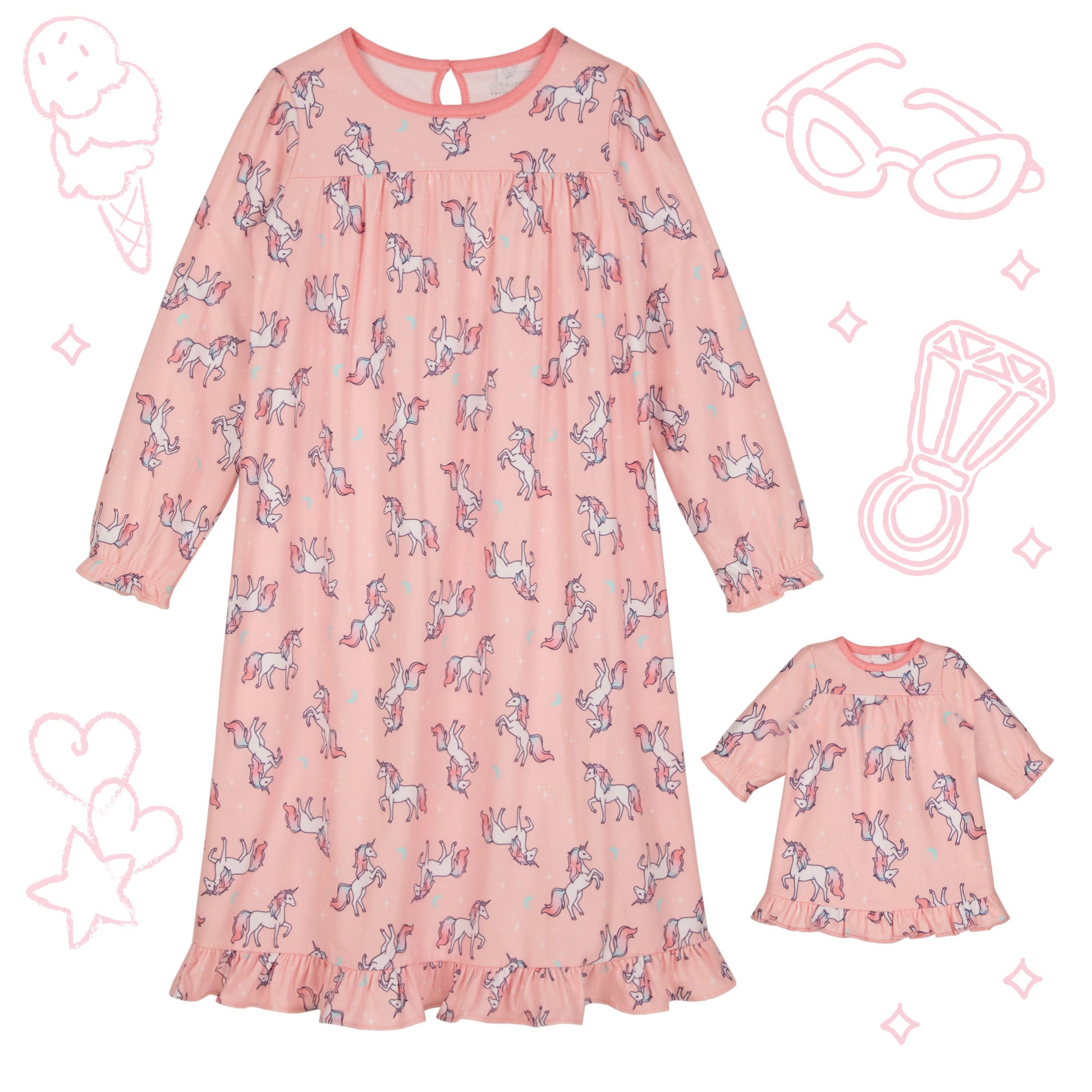 Unicorns;A Doll & Me Long Sleeve Ruffle Nightgown