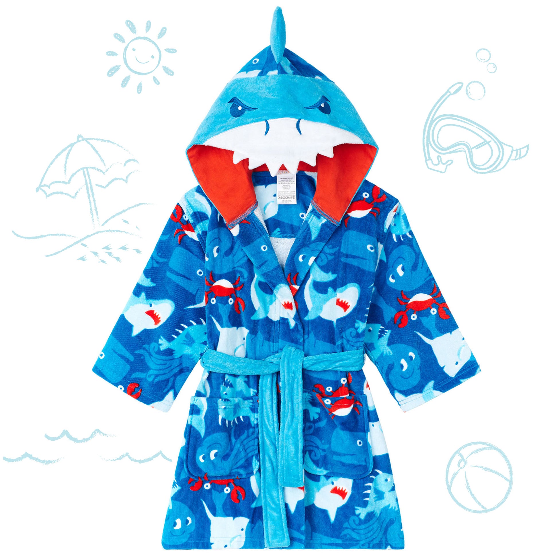 Blue Shark;@A Boys 3D Character Hood Cotton Terry Cover Up
